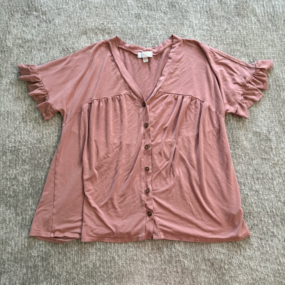 C&C‎ California Dusty Rose Button Front Ruffle Sleeve Babydoll Top L